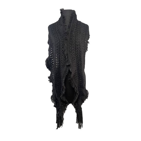 Black Knit Open Weave Scarf with Fringe 12x88 - Picture 1 of 6